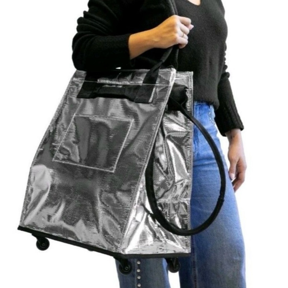 CleverMade Foldable Rolling Tote Bag 18"W x 24"H Soft Grip 90L 75lb Silver New - Picture 2 of 3